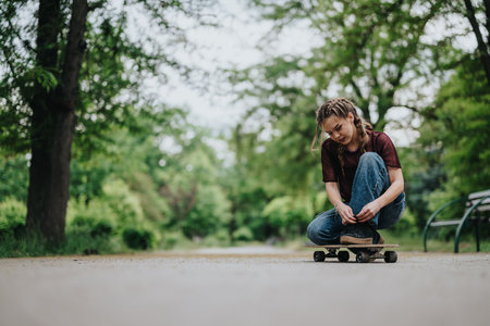 Young woman enjoying a skateboarding experience in a scenic park setting