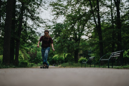 Young person skateboarding in a park surrounded by lush greenery