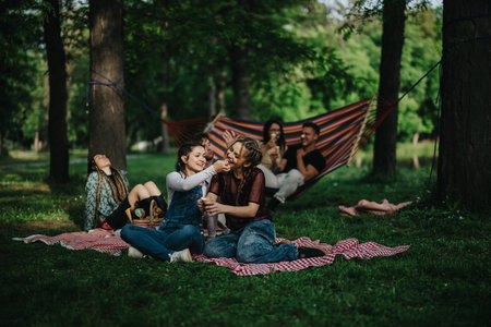 Friends enjoying a relaxing picnic in the green outdoors under shady treesの写真素材