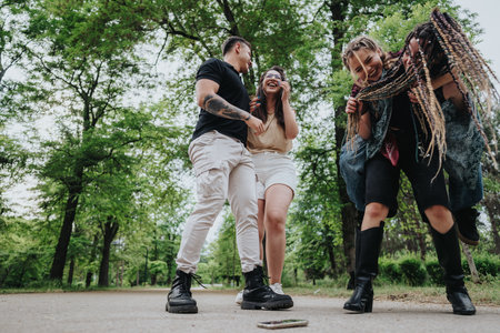 Group of friends enjoying fun moments in a nature park