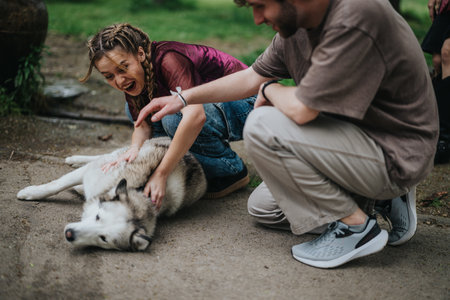 Friends petting a happy dog outdoors on a sunny day in the park