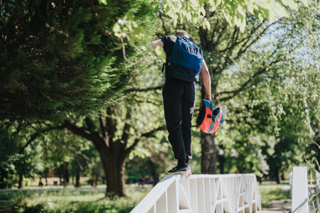 Man walking on a bridge surrounded by lush green park scenery