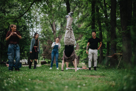 Group of friends enjoying activities at a park in a forest setting