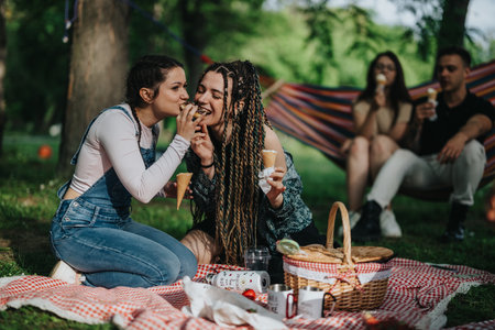 Friends enjoying ice cream and a picnic outdoors in a sunny park