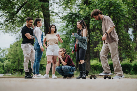 Group of friends having fun together outdoors in a green park