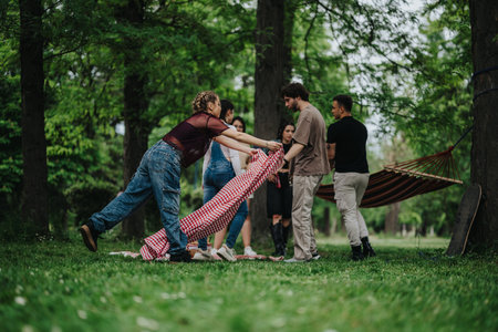Group of friends enjoying leisure time in the green park setting