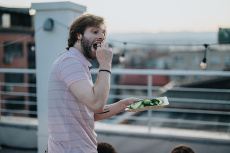 Man enjoying fresh appetizers during a rooftop gathering