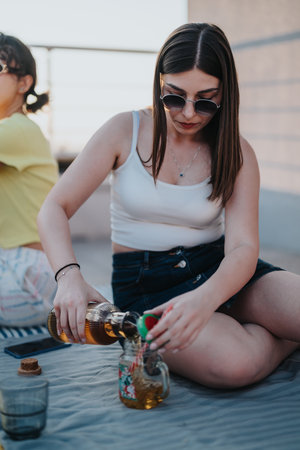 Young woman pouring drinks at a rooftop daytime gatheringの写真素材