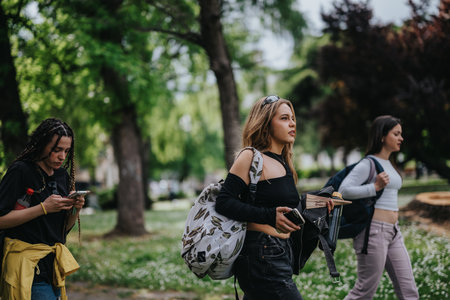 Group of young friends walking in a park enjoying an afternoon outdoors