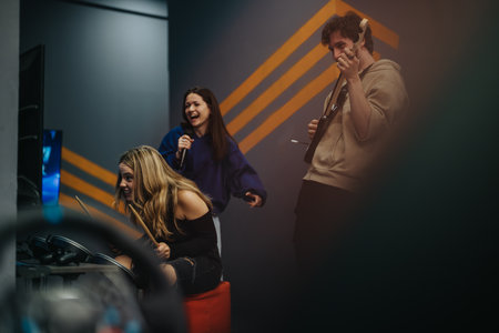 Group of friends enjoying a music video game together at home.