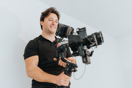 Man operating professional camera equipment with a stabilizer indoors