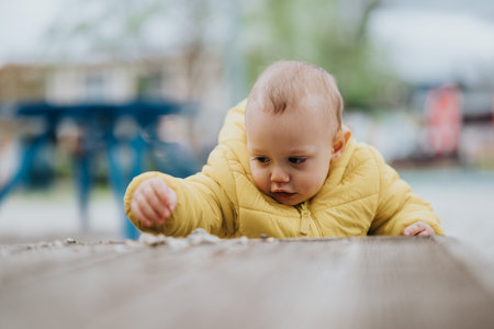 Curious baby exploring outdoors while playing with objects on a wooden surface