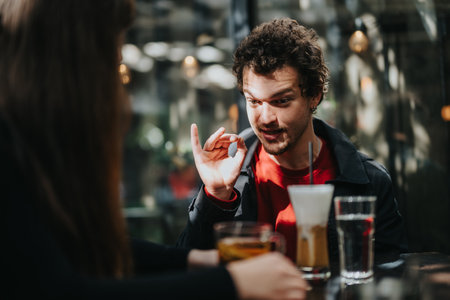 Two people having a conversation over drinks in a cozy relaxed settingの写真素材