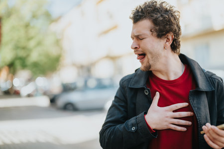 Man Expressing Disgust While Outdoors on a Sunny Day in Urban Setting