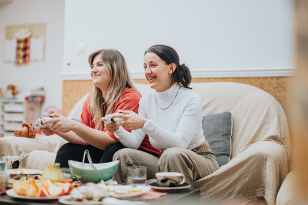 Two female friends playing video games and enjoying time together indoors