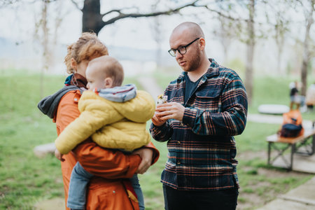 Family enjoying quality time together outdoors in a natural park settingの写真素材