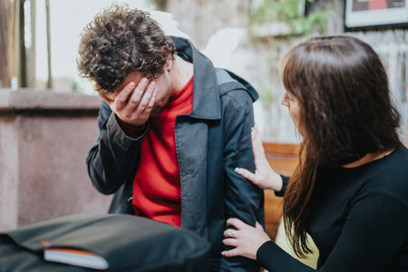 Comforting a friend experiencing emotional distress outdoorsの写真素材