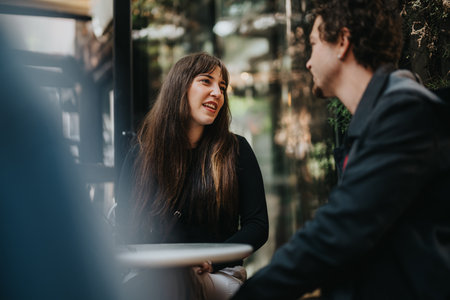 Two friends enjoying a pleasant chat at an outdoor cafe setting