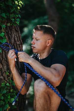 Man tying a rope around a tree in an outdoor setting