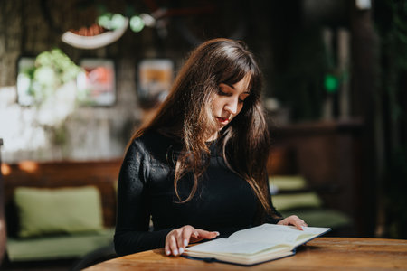 Young woman reading a book in a cozy interior environment with natural light