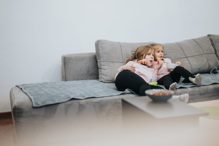 Two children watching TV and eating on a comfortable sofaの写真素材