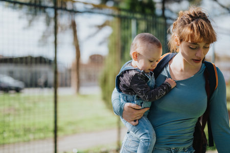 Young mother carrying her child while walking outdoors on a sunny day