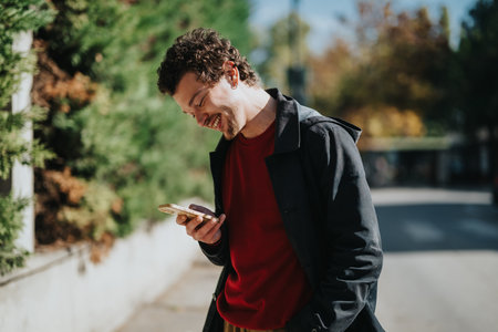 Smiling young man using smartphone outdoors on a sunny dayの写真素材
