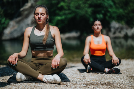 Two women meditating together outdoor near a tranquil river on a sunny day