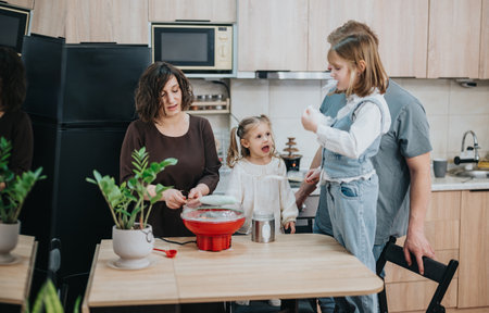 Family joyfully preparing food together in a cozy kitchen