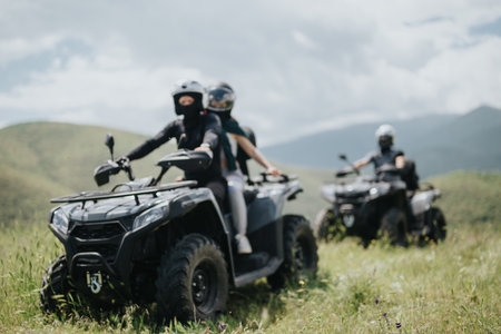 Group of friends enjoying quad bike adventure in open countryside