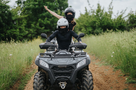 Two riders enjoying an ATV adventure through a lush green countryside trail