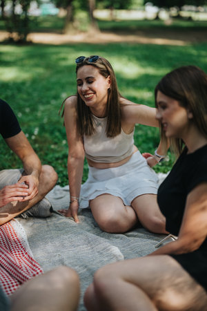 Young friends enjoying a sunny day and laughter in a green park setting