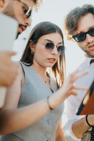 Young people collaborating during a rooftop business meeting at sunsetの写真素材