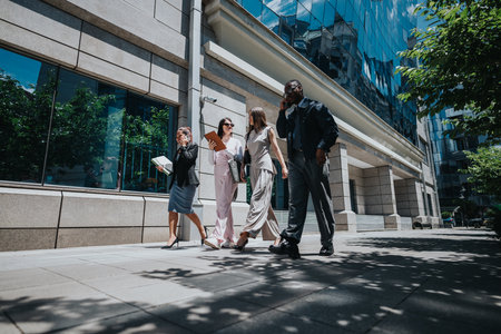 Group of business coworkers walking outdoors along an office building