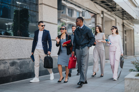 Diverse business group walking and discussing ideas in an urban settingの写真素材