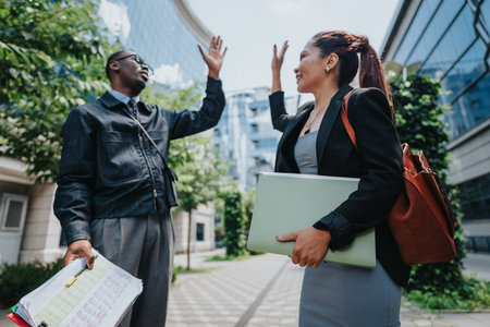 Two business coworkers discussing projects outdoors near a corporate office building