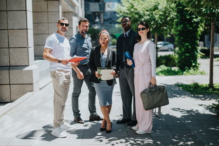 Group of diverse business coworkers standing outdoors in a sunny urban area