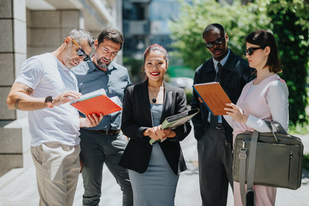 Group of diverse coworkers collaborating outdoors on a sunny dayの写真素材