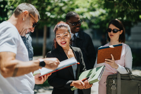 Diverse business coworkers collaborating outdoors with documents and folders