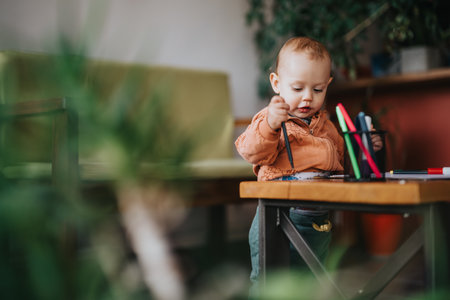 Toddler Exploring Creativity With Colored Pens in a Cozy Environmentの写真素材