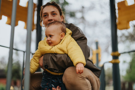 Mother holding her baby boy at the playground on a cool dayの写真素材
