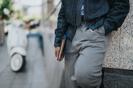 Casual professional holding documents in an urban outdoor environmentの写真素材