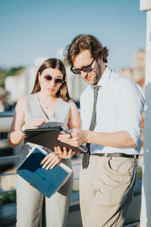 Professional discussion between colleagues during sunset on a rooftop location