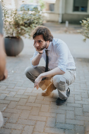 Man Squatting Outdoors in Business Attire During a Thoughtful Moment