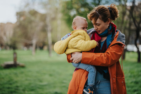 Mother Holding Her Child Outdoors in a Park on a Sunny Dayの写真素材