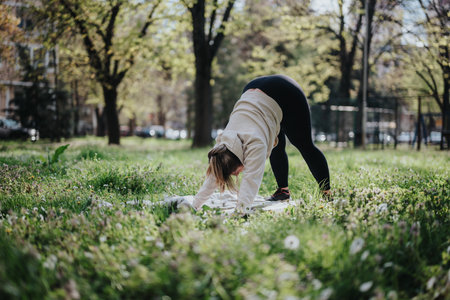 Woman practicing yoga outdoors on a sunny day in a green urban parkの写真素材