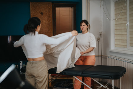 Two women preparing a massage table in a home therapy settingの写真素材