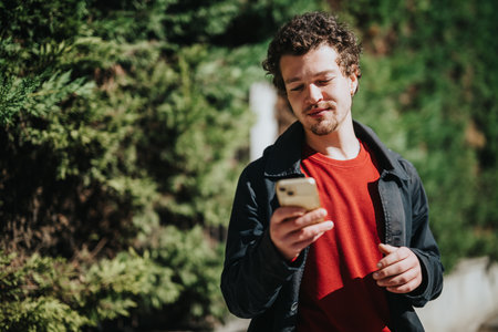 Man outdoors looking at a smartphone during a sunny day with greenery