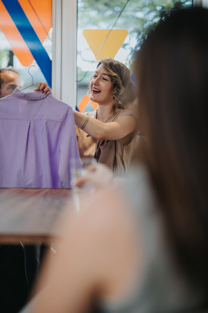 Smiling woman presenting a purple blouse during a casual social gathering
