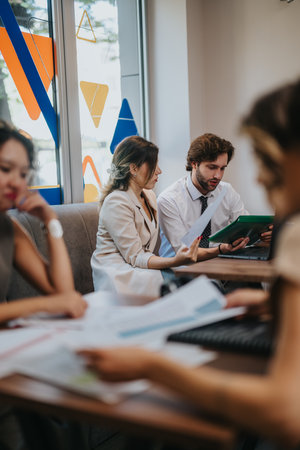 Team collaboration in a modern colorful office setting during discussionの写真素材